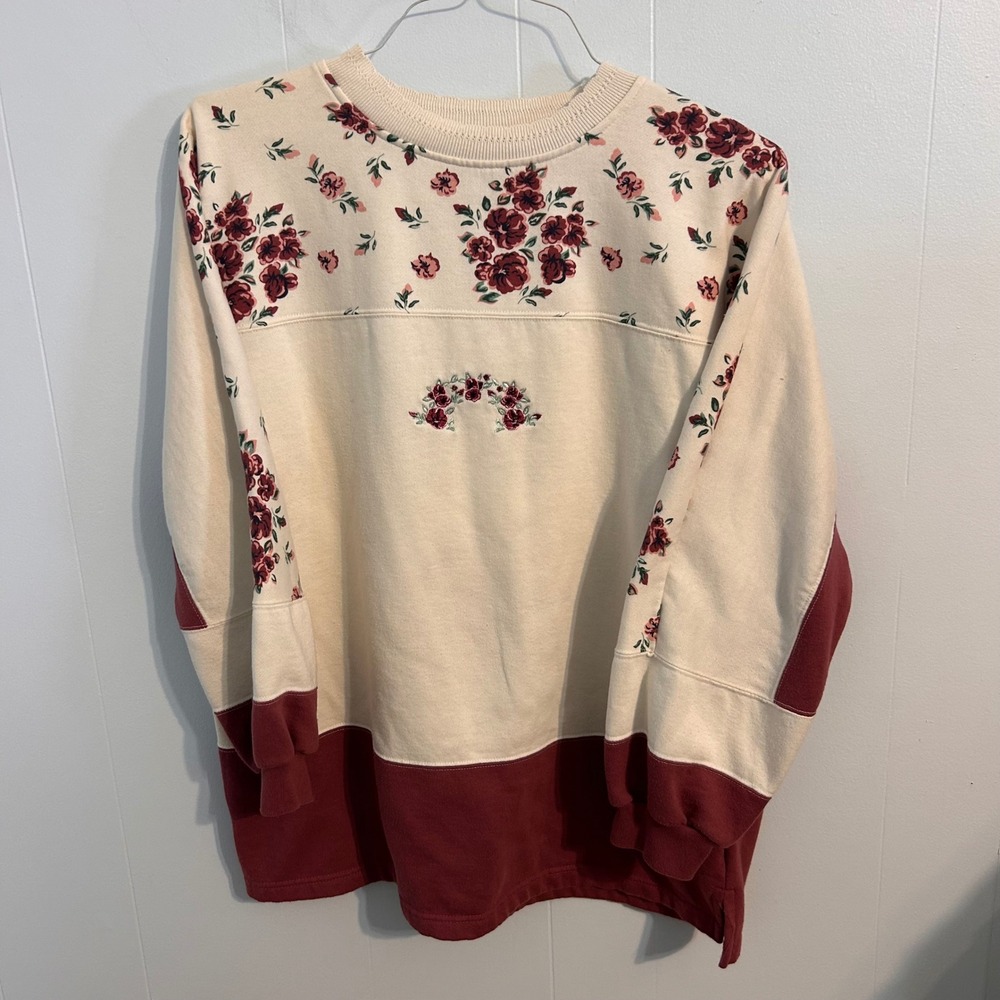 Vintage Gina Peters Sport Floral Colorblock Sweatshirt Cream Burgundy Large